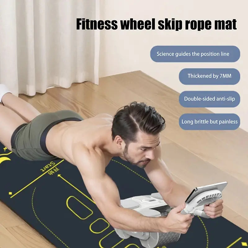 black fitness wheel skip rope mat with yellow guiding lines featuring a thickened 7mm tpe design for double-sided anti-slip performance in the abdominal wheel mat non slip tpe fitness pad product