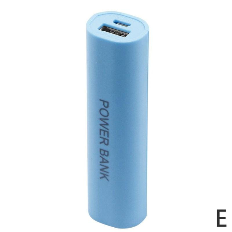 Light blue cylindrical portable 18650 power bank case diy shell charger with a usb port on top and power bank printed vertically along its side.