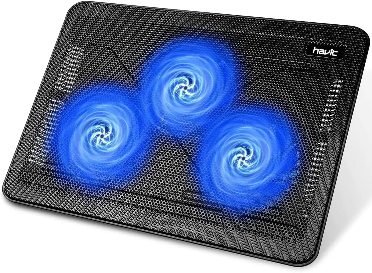 Black havit laptop cooling pad with three glowing blue fans designed for quiet cooling of 17 inch laptops.