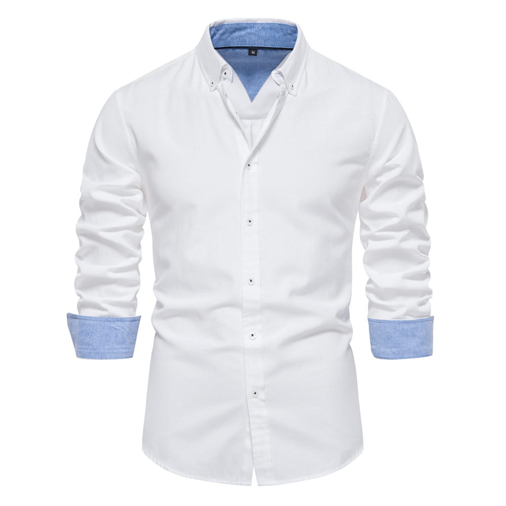 White long-sleeved dress shirt with light blue contrast collar and cuff accents designed for fashion social shirts.