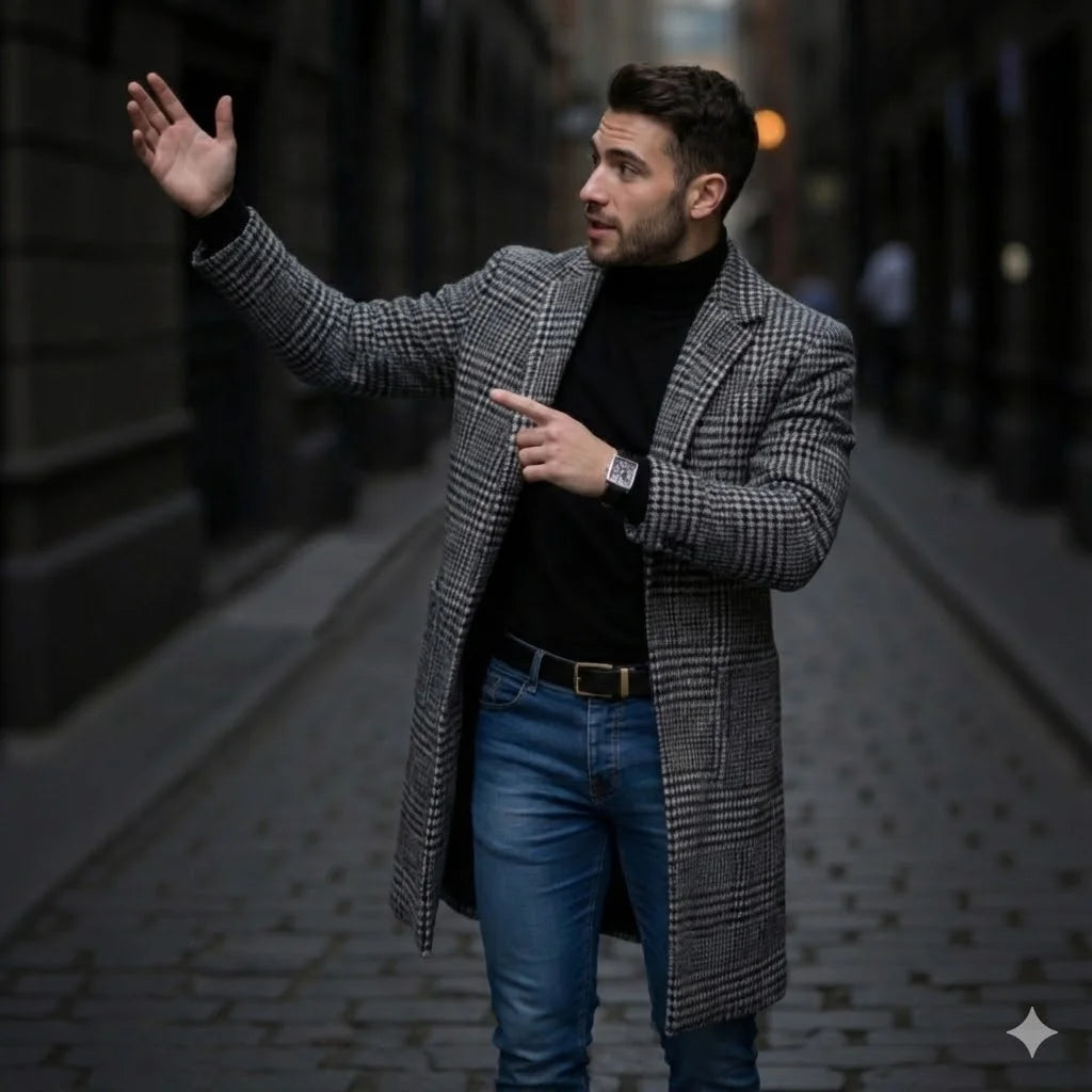 Men's Single Breasted Woolen Blend Trench Coat, Stripes Long Warm Windproof Jacket for Autumn, Classic Solid Color Outerwear