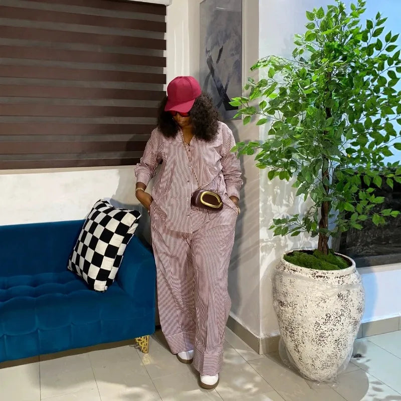 Chic Striped Matching Set Women Long Sleeve Shirt Drawstring Waist Wide Leg Pants African Street Holiday Comfort Two Piece Suit
