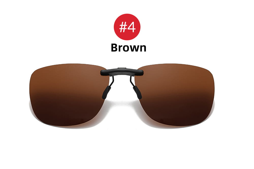 brown gradient-tinted polarized clip-on night vision sunglasses with a sleek black plastic frame