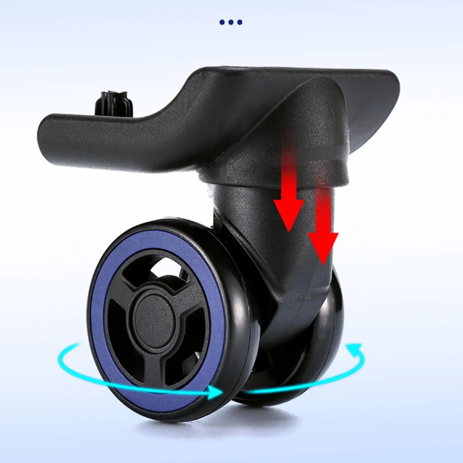 Reemplazo de rueda de equipaje de plástico negro con diseño de doble rueda con rines azules y rueda giratoria con giro de 360 grados para un rodado fluido.