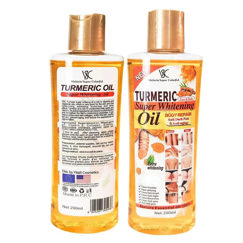 ゴールド色のキャップが付いた「Victoria super colorful turmeric super whitening essential oil」の透明ボトル2本。琥珀色の液体が入っており、ボディおよびフェイスケア(保湿用)に使用します。内容量200ml。