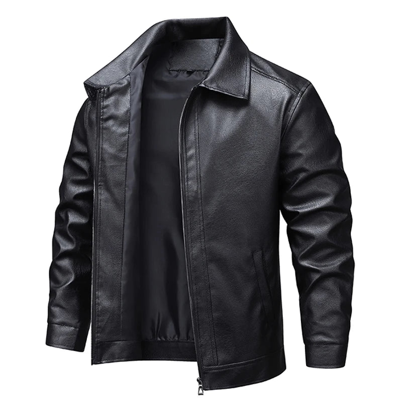 Herren braune Faux-Leder-Bikerjacke mit klassischem Kragen und vorderem Reißverschluss aus schwarzem Faux-Leder.