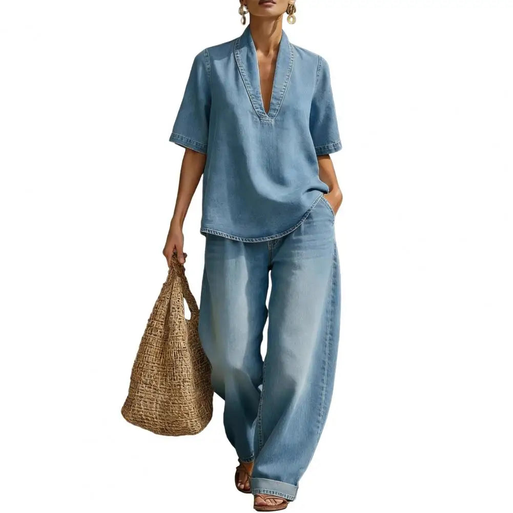 Women's 2 Piece Denim Outfit Summer Short Sleeve V Neck Lapel Top Wide Leg Pants With Pockets Casual Vacation Sets