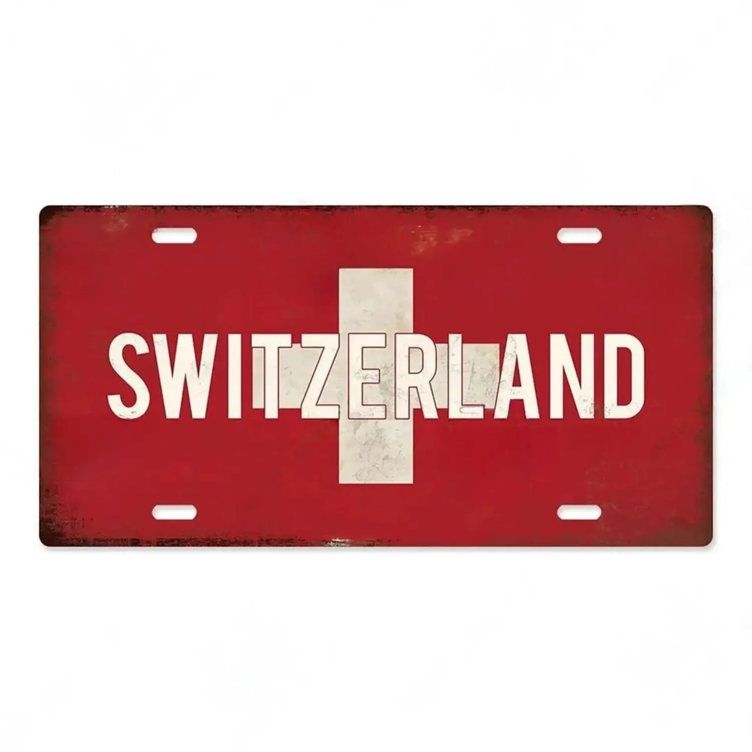 Red vintage-style metal license plate featuring white distressed switzerland lettering and a central white cross designed as a vintage wall decor product titled India flag metal license plate vintage wall decor.