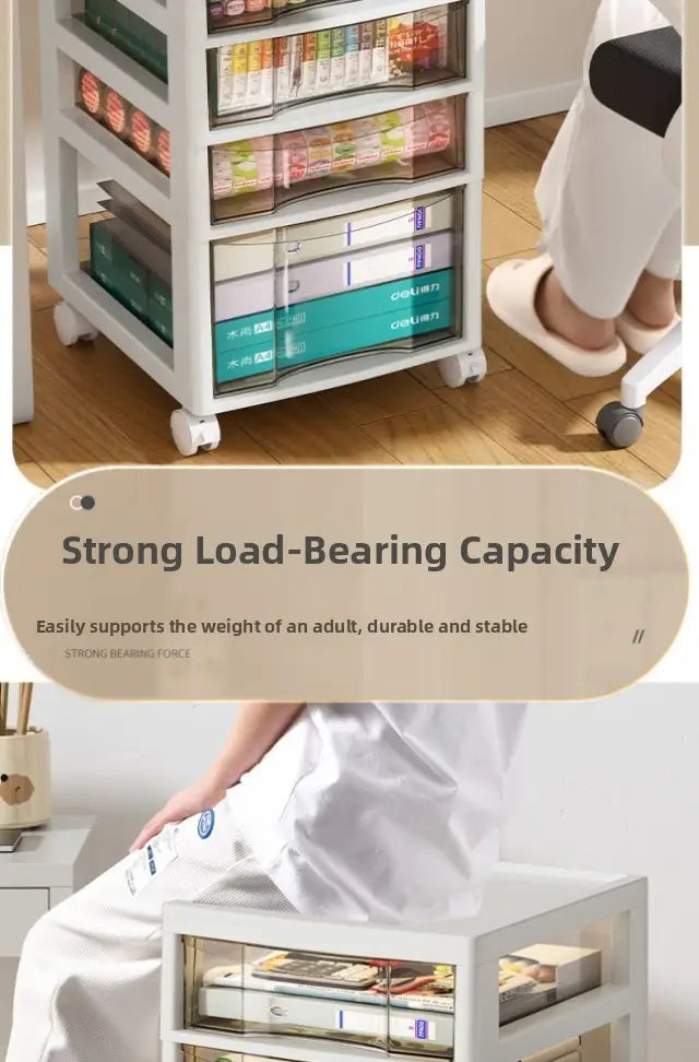 White plastic office desktop organizer storage tower with clear drawers and black wheels providing a versatile storage solution.
