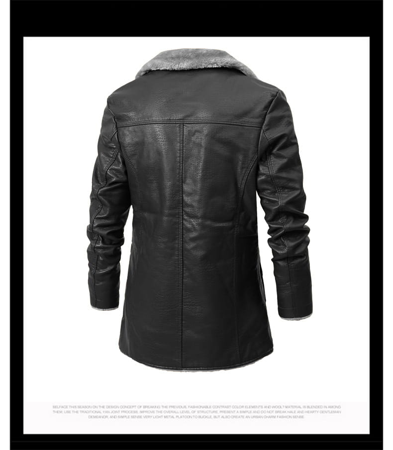 gabardina de cuero con forro de vellón para hombre, chaqueta de invierno, en cuero negro con cuello de borreguillo gris