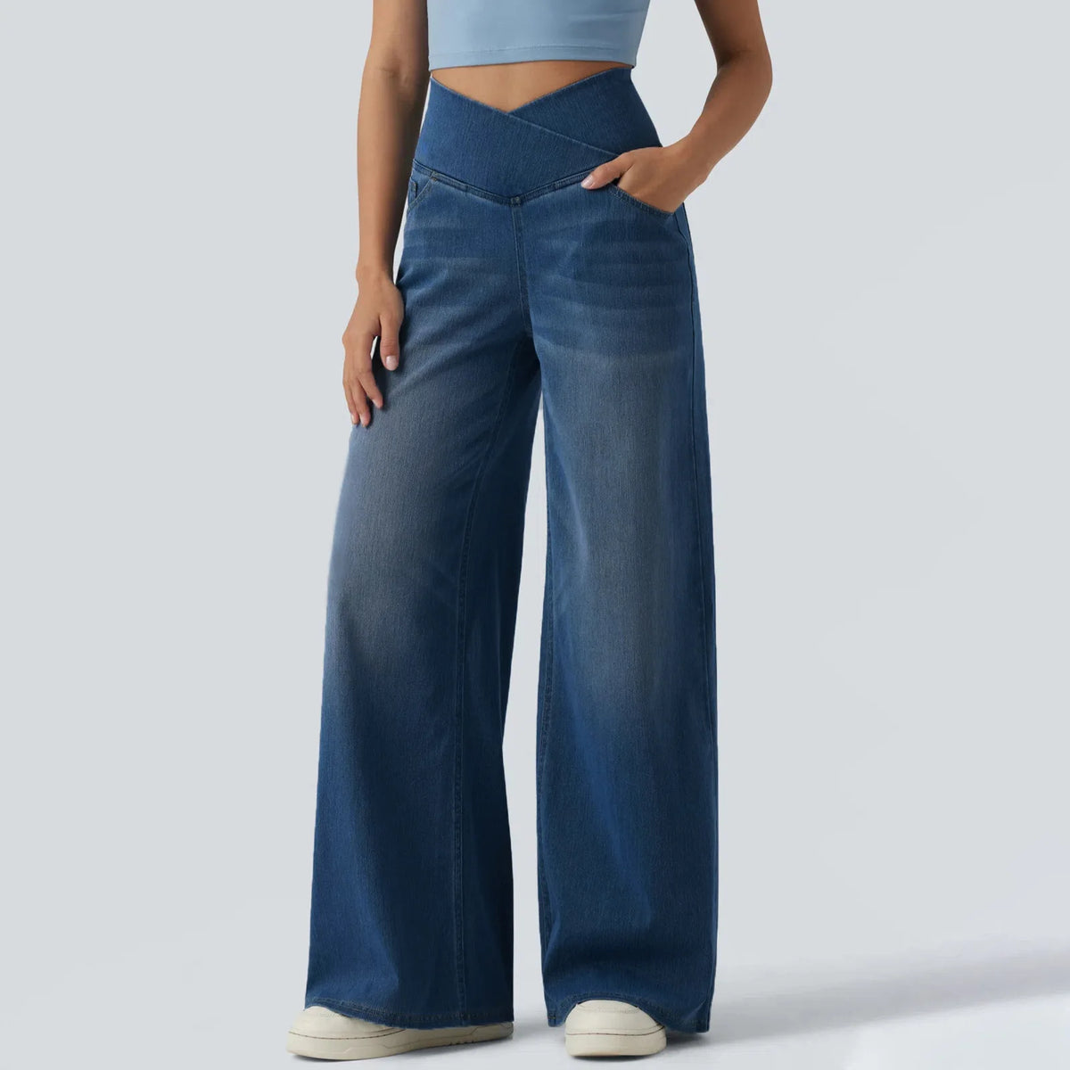 Fashion Women Cross V High Waist Washed Denim Wide Leg Pants Elastic Soft Jeans Casual Daily Loose Full Length Stretch Trousers
