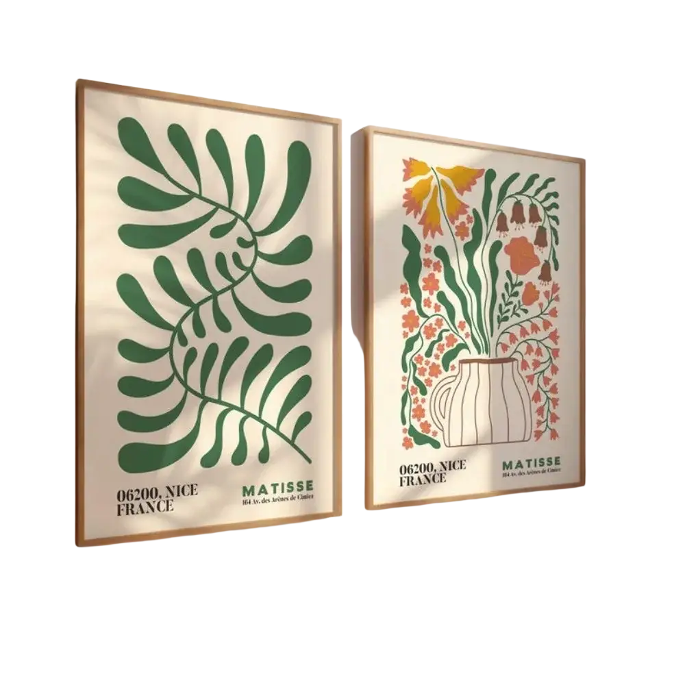 Two framed frameless Matisse-style posters with green leaf patterns and vibrant floral arrangement in striped vase