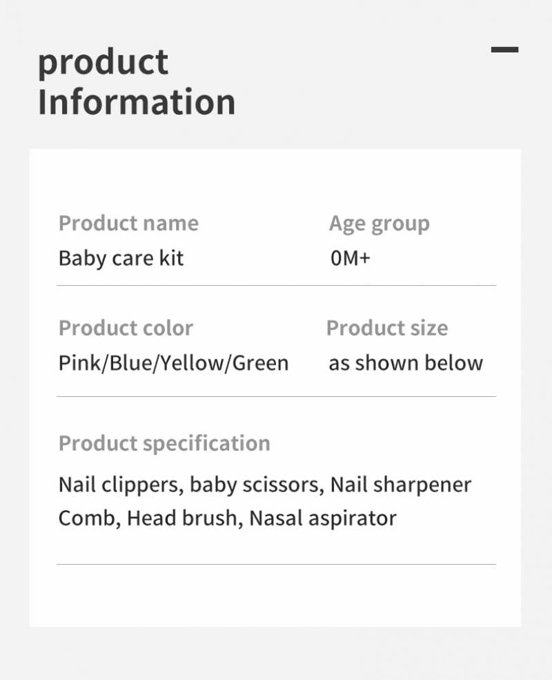 Baby-Pflegeset und Gesundheitsset in Pink, Blau, Gelb oder Grün mit Nagelknipsern, Babymessern, Nagelschärfer, Kammkopf, Bürste und Nasensauger zur Säuglingspflege.