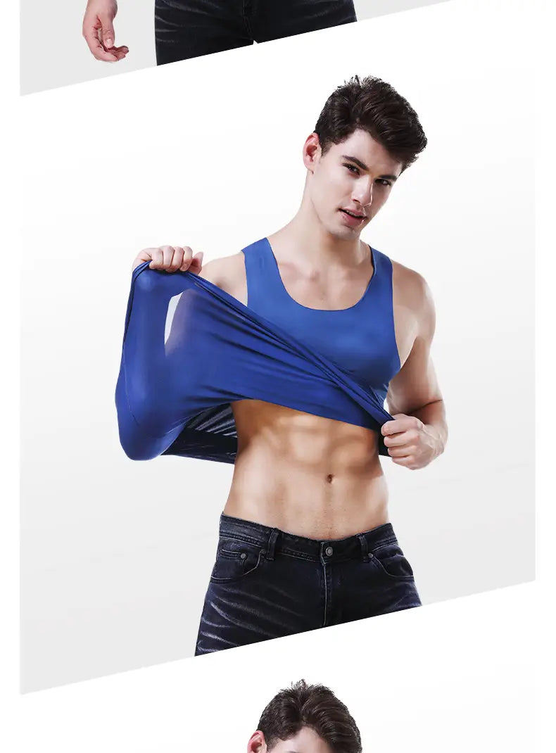 Débardeur de sport pour hommes en soie de glace, sans coutures, bleu, avec un tissu lisse et extensible et un design de type racerback simple, présenté côté dos.