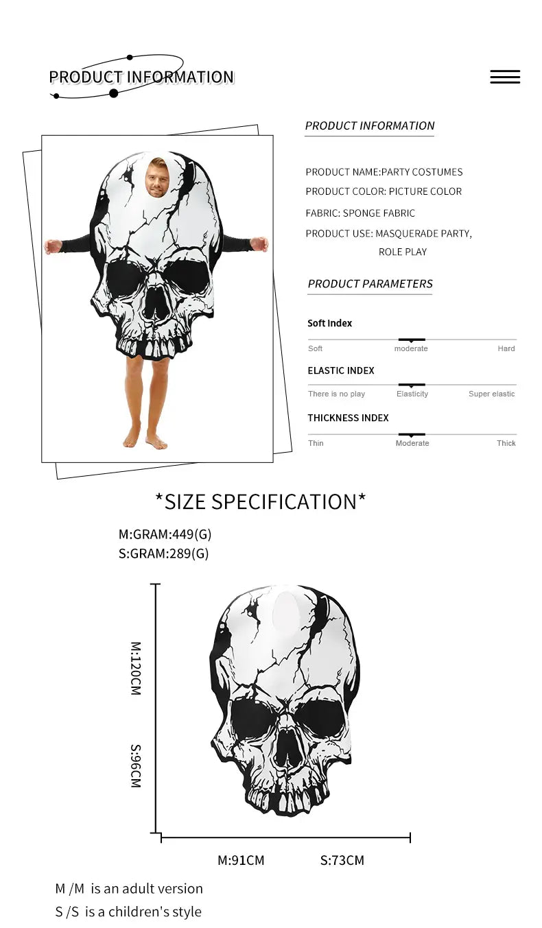 Black and white cracked skull costume made of sponge fabric for skull costume party cosplay outfit