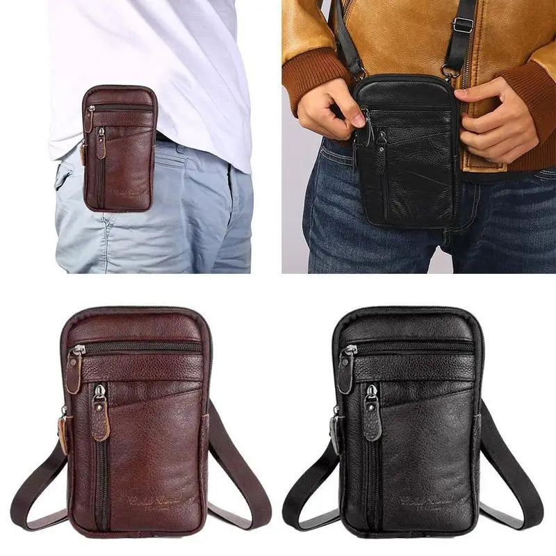 Ledergürteltasche für Herren und Umhängetasche für das Mobiltelefon aus braunem und schwarzem Leder mit Reißverschlüssen und verstellbaren Riemen für die bequeme Nutzung der Gürteltasche