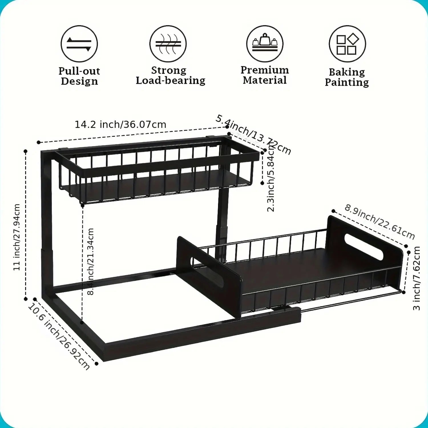 black metal under sink organizer 2 tier with pull-out design and baking painting finish for kitchen storage.
