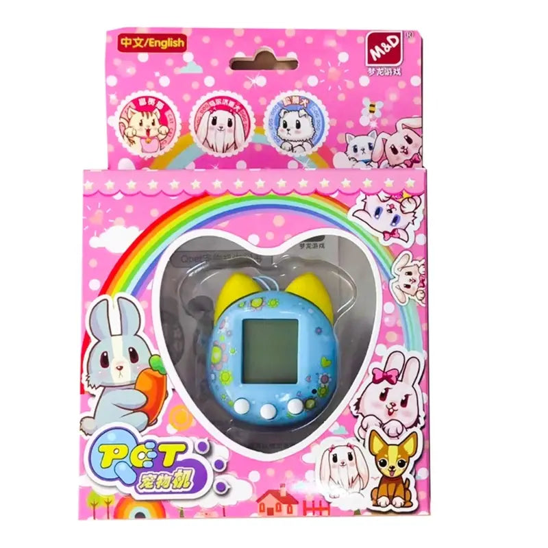 Blue cat-shaped electronic pet tamagotchi toy in pink packaging with rainbow and cartoon animal designs for virtual pet game use.