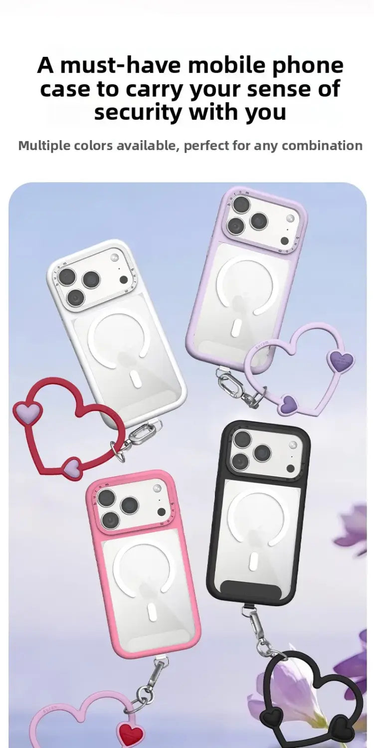klare, transparente Handyhülle mit magnetischem Ladepad und mehrfarbigem herzförmigem Silikon-Handy-Handgelenkriemen für iPhone, von der Rückseite in einem Winkel dargestellt, für die Handgelenk-Nutzung am Smartphone