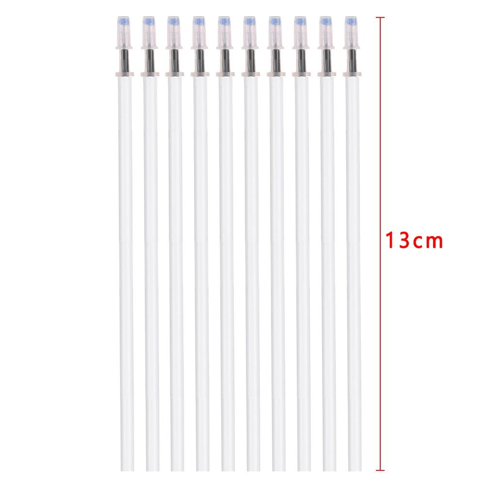 ten transparent white refillable gel pen ink cartridges with black ink each 13cm long featuring a silver metallic tip and blue plastic cap in a 10 pack