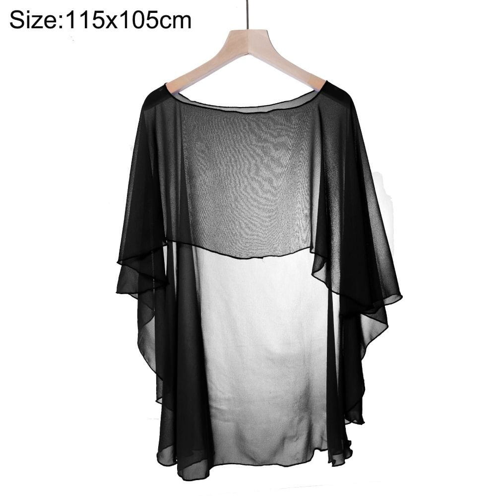 Schwarzer, transparenter Chiffon-Hochzeitscape mit einer strukturierten Mesh-Einsatzfläche über dem oberen Brustbereich und fließenden, mehrlagigen Ärmeln, entworfen als Sonnenschutz-Wickelshawl.