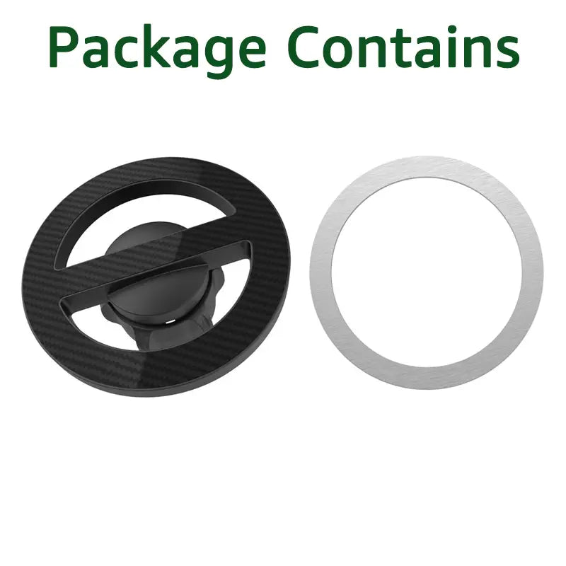 base de support de voiture magnétique Magsafe circulaire à texture en fibre de carbone noire avec pivot central et anneau métallique argenté, conçue pour la fixation sur une tête à rotule de 17 mm.