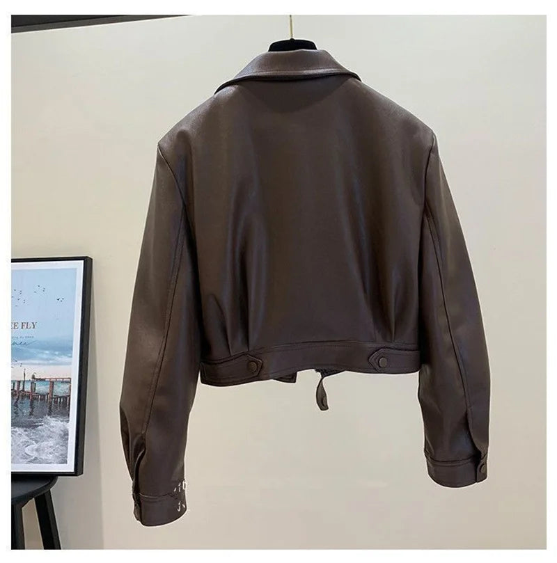 Fashion Leather Jacket Women Coat 2025 Autumn New Temperament Lapel  Short PU Leather Versatile Outwear Female