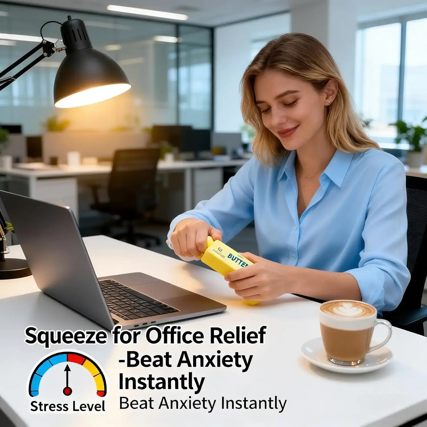 Yellow butter squeeze tube with textured grip and minimalist design slow rising squishy stress relief toy.