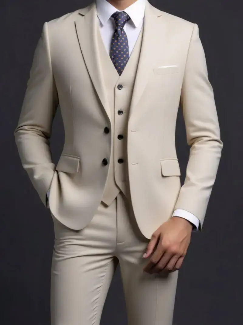 Traje de tres piezas de hombre color beige, de un solo pecho para vestir formal, con blazer, chaleco y pantalones a medida hechos de tejido liso, con tipo de cierre de un solo botón.