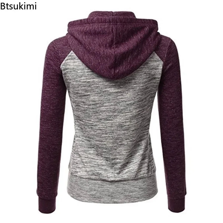 2026 Women's Long Sleeve Hoodies Fashion Splice Design Hooded Drawstring Sport Zip-up Coats Women Casual Color Block Sweatshirts