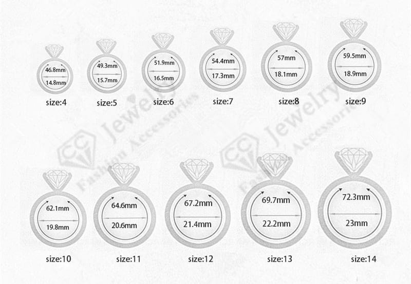 Tableau des tailles de bague en diamant à tons argentés présentant des mesures pour les tailles 4 à 14, pour une bague de fiançailles en zircon goutte de larme rose.