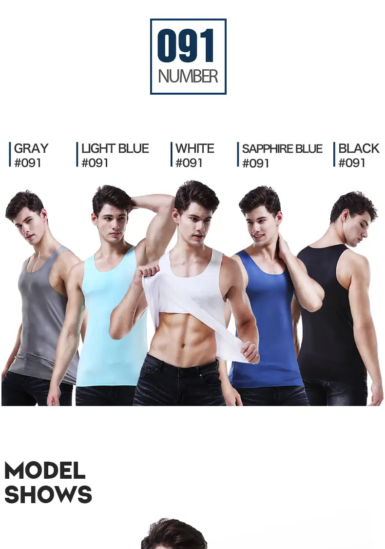 Débardeurs de sport pour hommes en soie de glace, sans coutures, en gris, bleu clair, blanc, bleu saphir et noir, avec un design simple.
