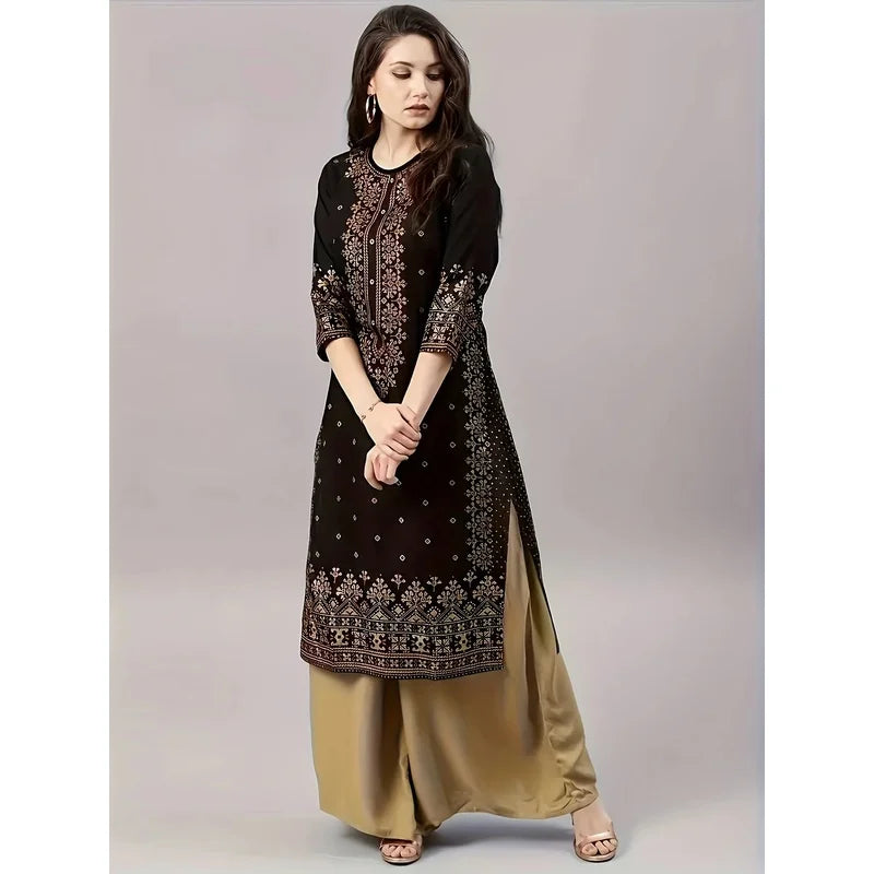 Women's Casual Ethnic Style Clothing Set round Neck Mid-Sleeved Dress Mid-Length Skirt Solid Color Elastic Waisted Pants