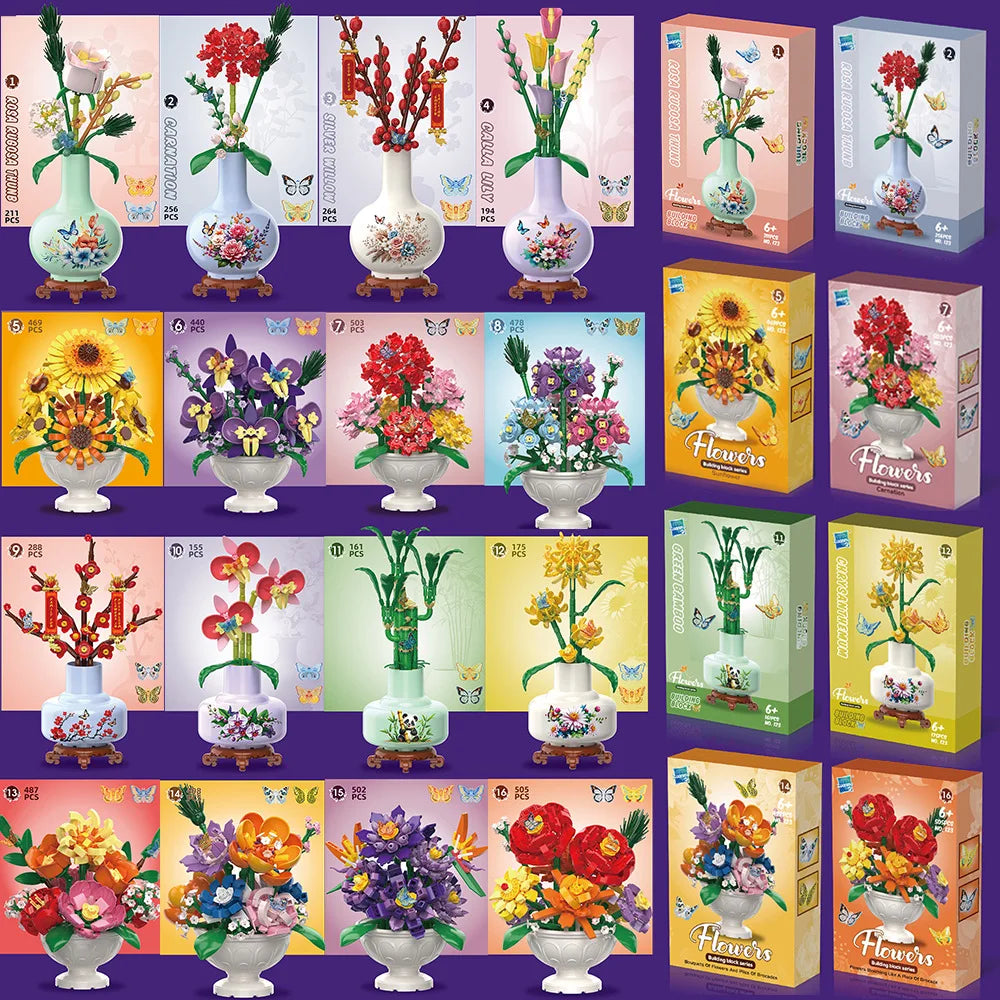 Building Block Flower Toys Small Particle Assembly Building Blocks Potted Plants Children Plant Desktop Decoration Toys Kid Gift