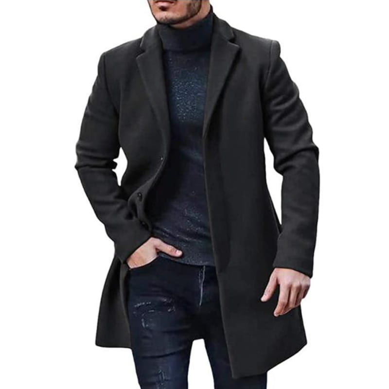 Abrigo de lana negro para hombres con solapa tipo muesca clásica y frente cruzado de doble botonadura, diseñado como chaqueta de invierno de color sólido.