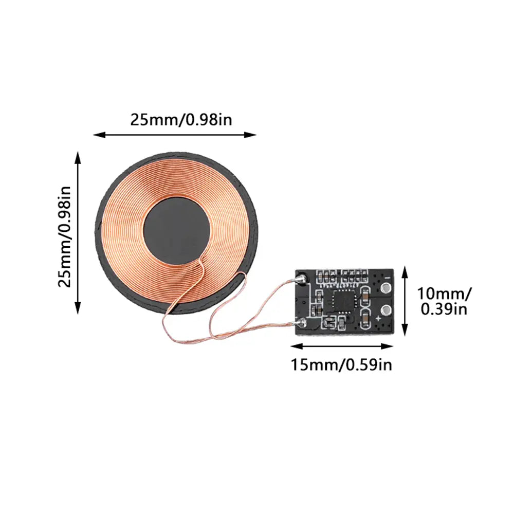 Circular copper coil wireless charging receiver module 5v pcba showing black circuit board and connecting wires with input voltage and output current specifications for optimized sensing distance.