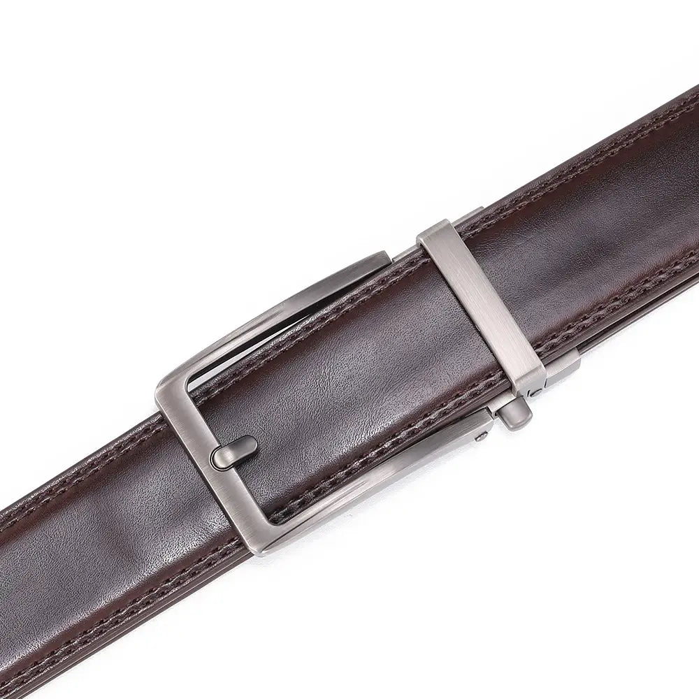 Brown leather mens belt with a sleek silver toned automatic buckle.