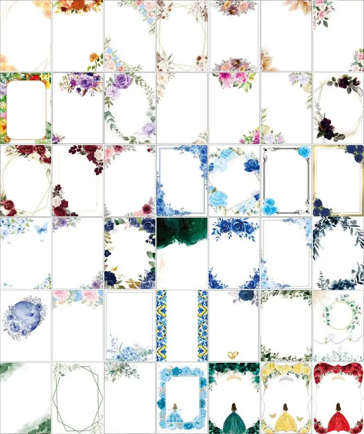 A collection of floral and geometric digital frame designs in blue purple red and green featured on Jewish blessing card acrylic keychain party favors 10pcs.