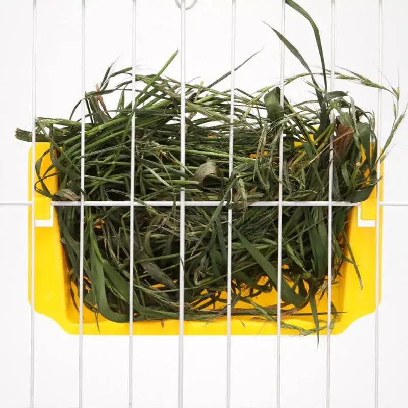 yellow plastic external rabbit hay feeder food rack filled with green and brown grass strands made of durable plastic