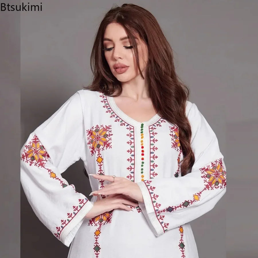 Muslim Fashion Abaya for Women Colorful Embroidery Floral Dress Loose Ethnic Style Arab Robe Ramadan Gown Dubai Kaftan Vestidos