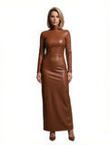 Women's PU Leather Dresses PVC Oil Shiny Elastic Nightclub Party Slimming Bodycon Lift Butt Long Sleeve Woman Elegant Dresses