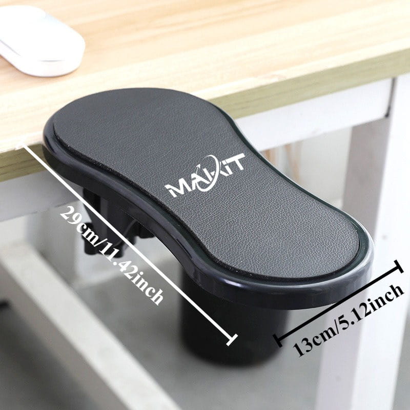 Black maikit ergonomic desk armrest extender in black features a padded textured surface and curved design for comfortable desk use.