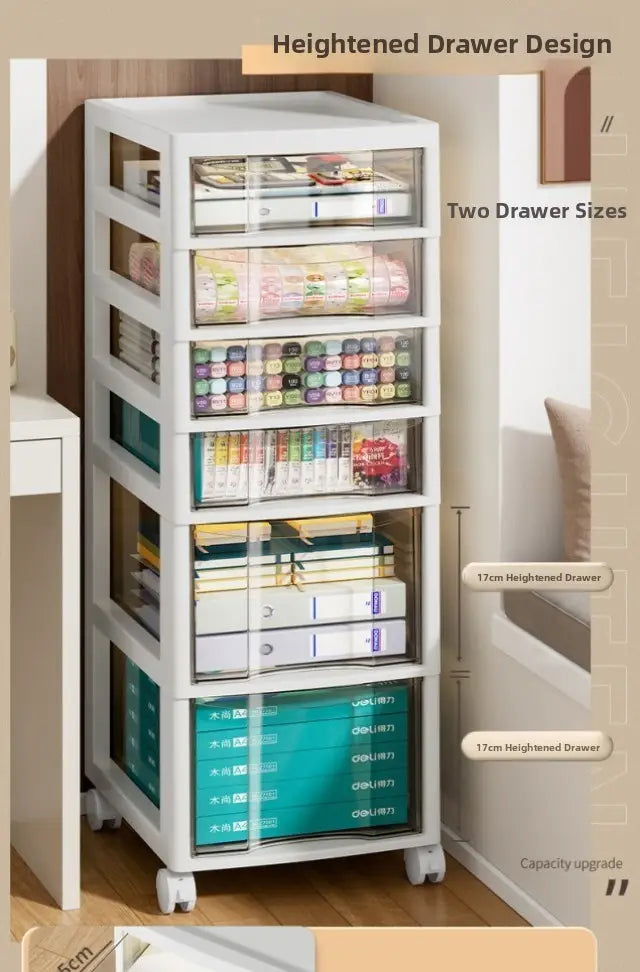 White plastic office desktop organizer storage tower with clear drawers and teal-colored bottom drawer fronts providing a versatile storage solution.