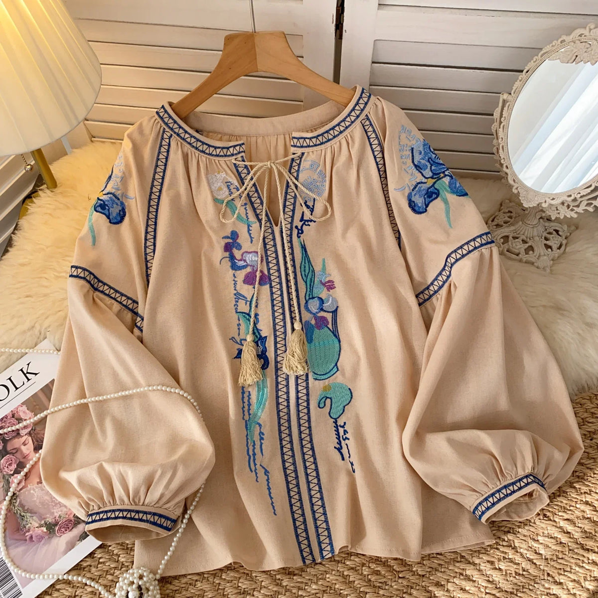 Cotton Ethnic Floral Embroidery Women Blouses Shirts Autumn Casual V Neck Tassel Lace-up Lantern Long Sleeve Blouse Boho Tops