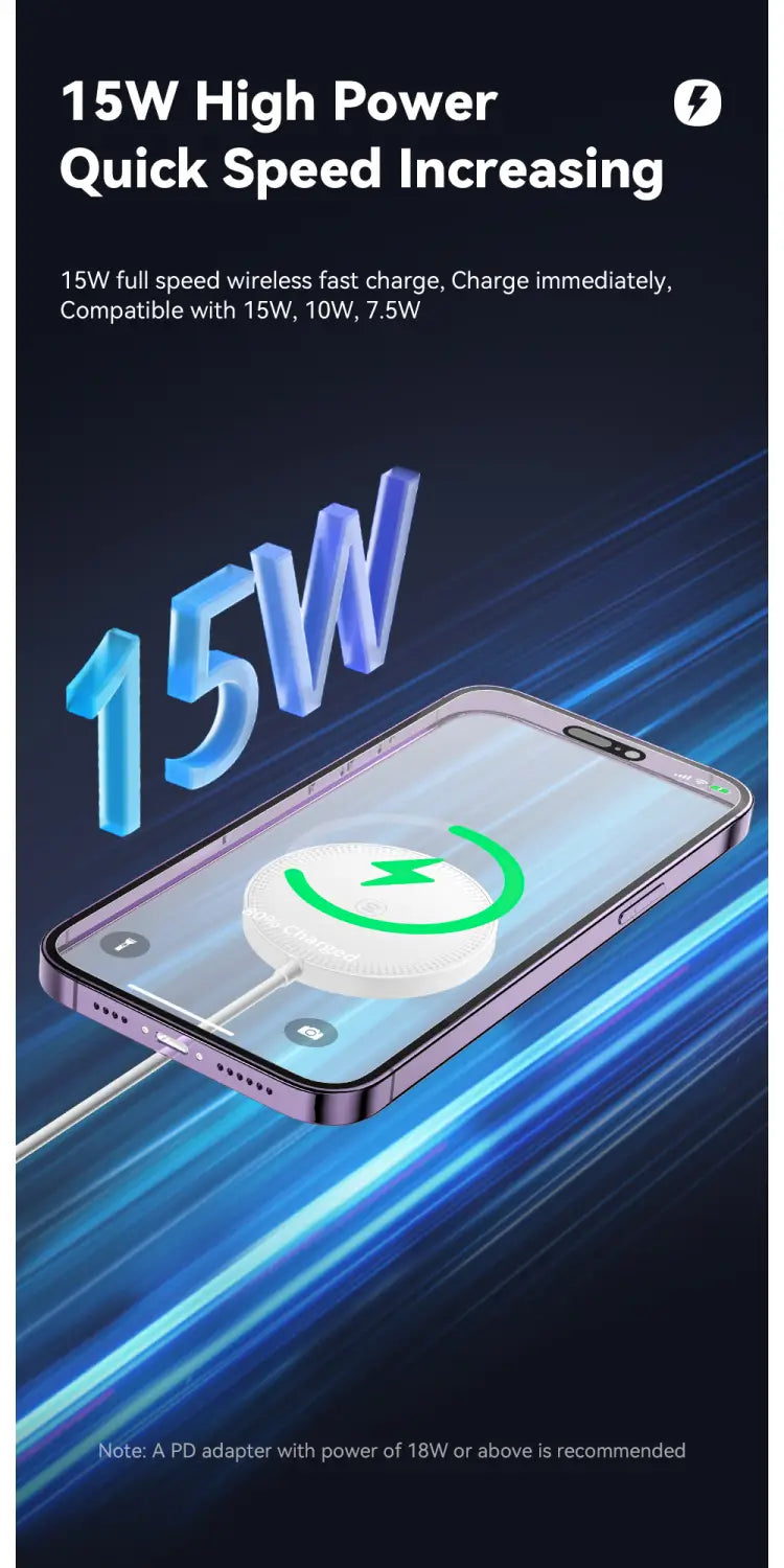 A sleek silver-framed smartphone displaying a wireless charging icon on screen placed on a magnetic wireless fast charging pad for iPhone.