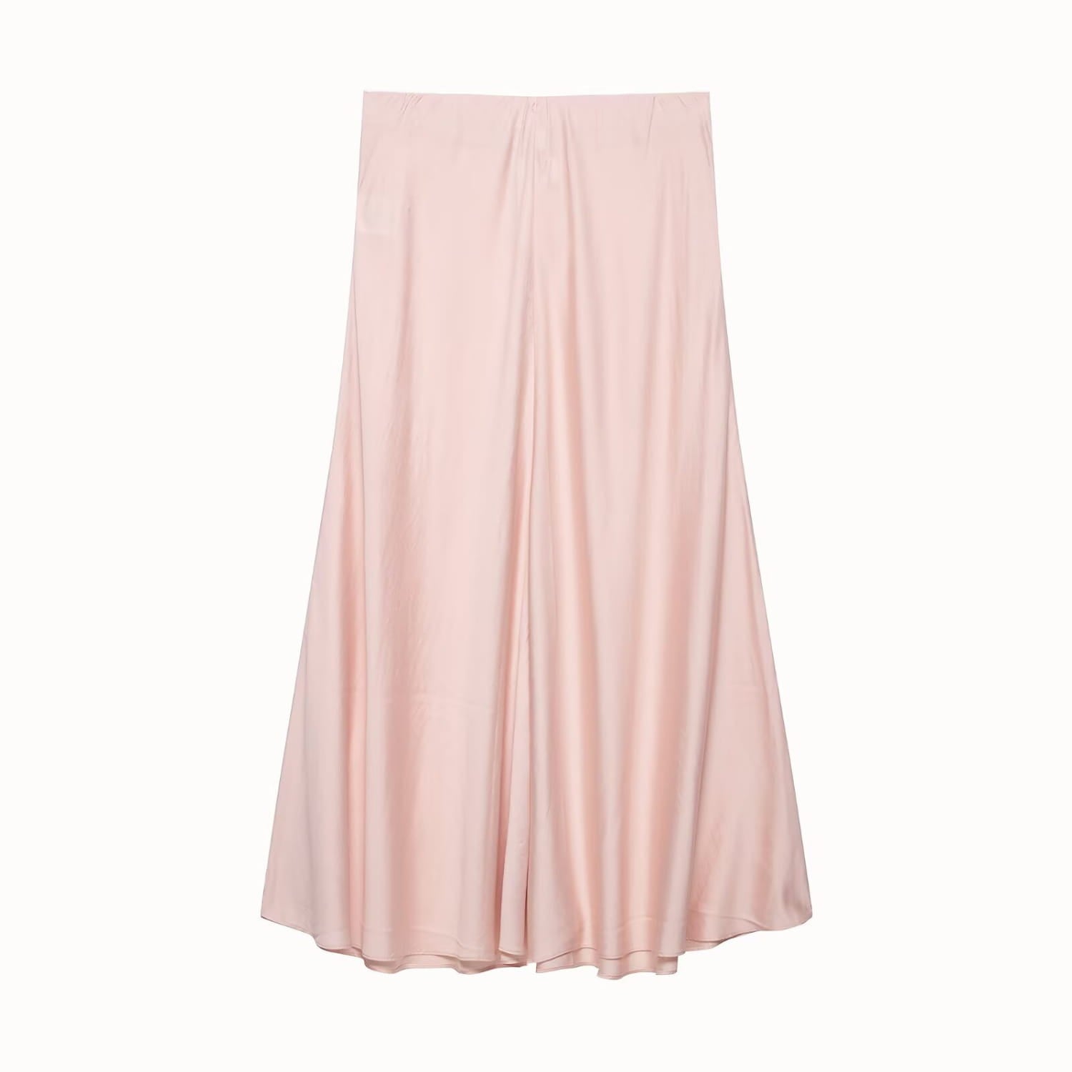 Ein zartes Blush-Pink-satinierter Plisseerock im Midi-Format mit hoher Taille und einer A-Linien, fließenden Gestaltung aus leichtem Material.