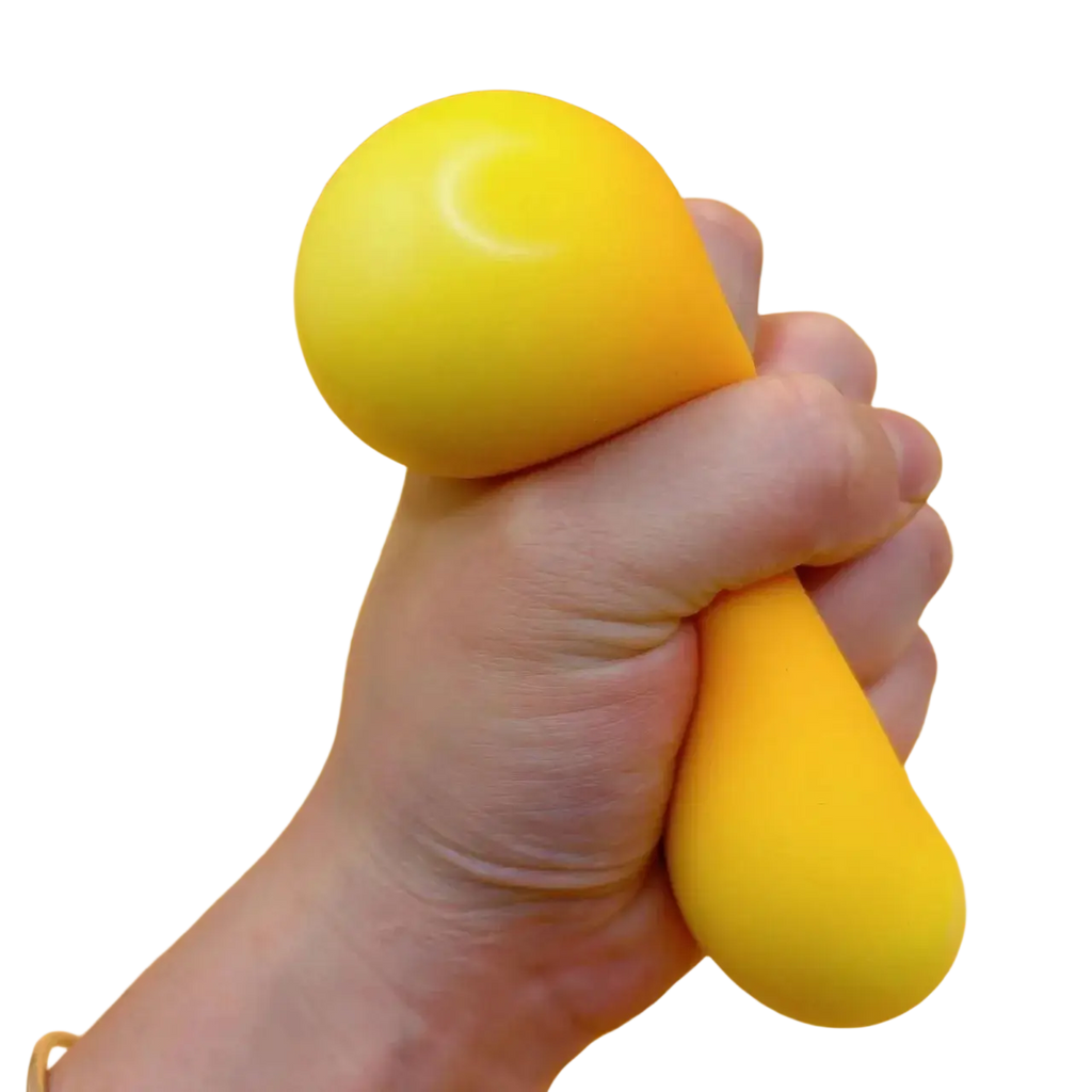 Bright yellow teardrop shaped mango slow rising squishy toy for stress relief and birthday party gifts visible from front view