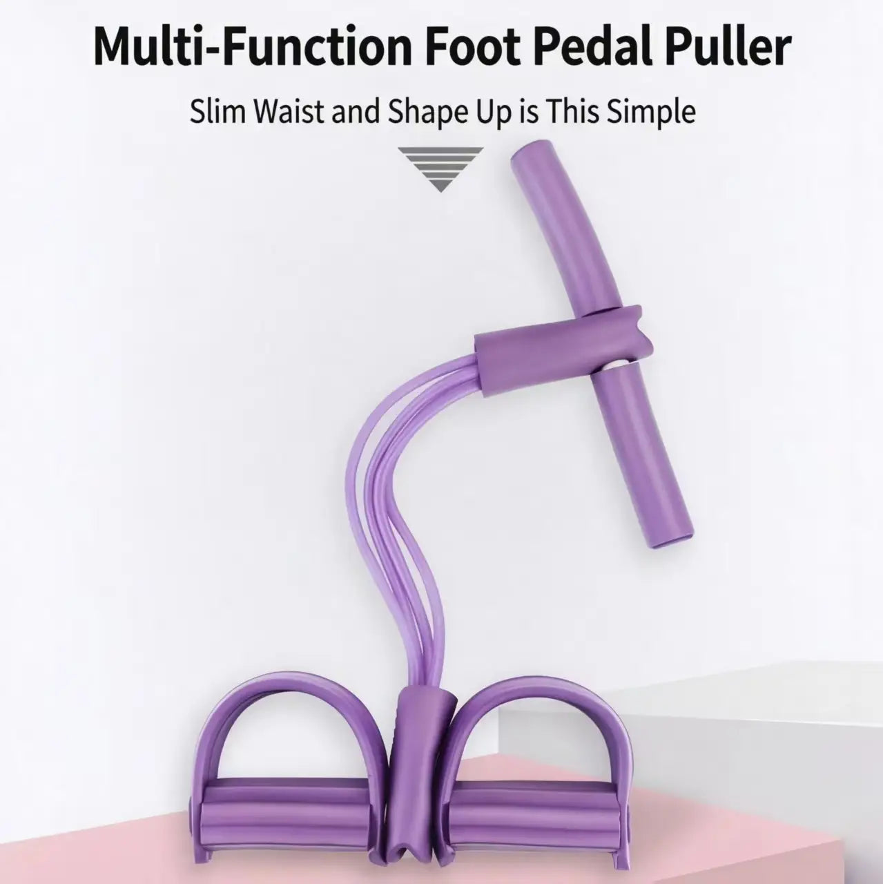 Purple multi-function foot pedal puller with a t-shaped handle and two adjustable ankle loops for 6-tube pedal resistance band fitness equipment.