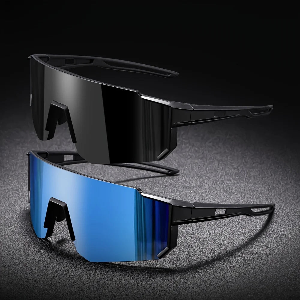 men oversized cycling sunglasses with black-framed polycarbonate angular design and black and blue reflective gradient lenses suitable for wear sunglasses in active sports and outdoor scenarios with uv filter category.