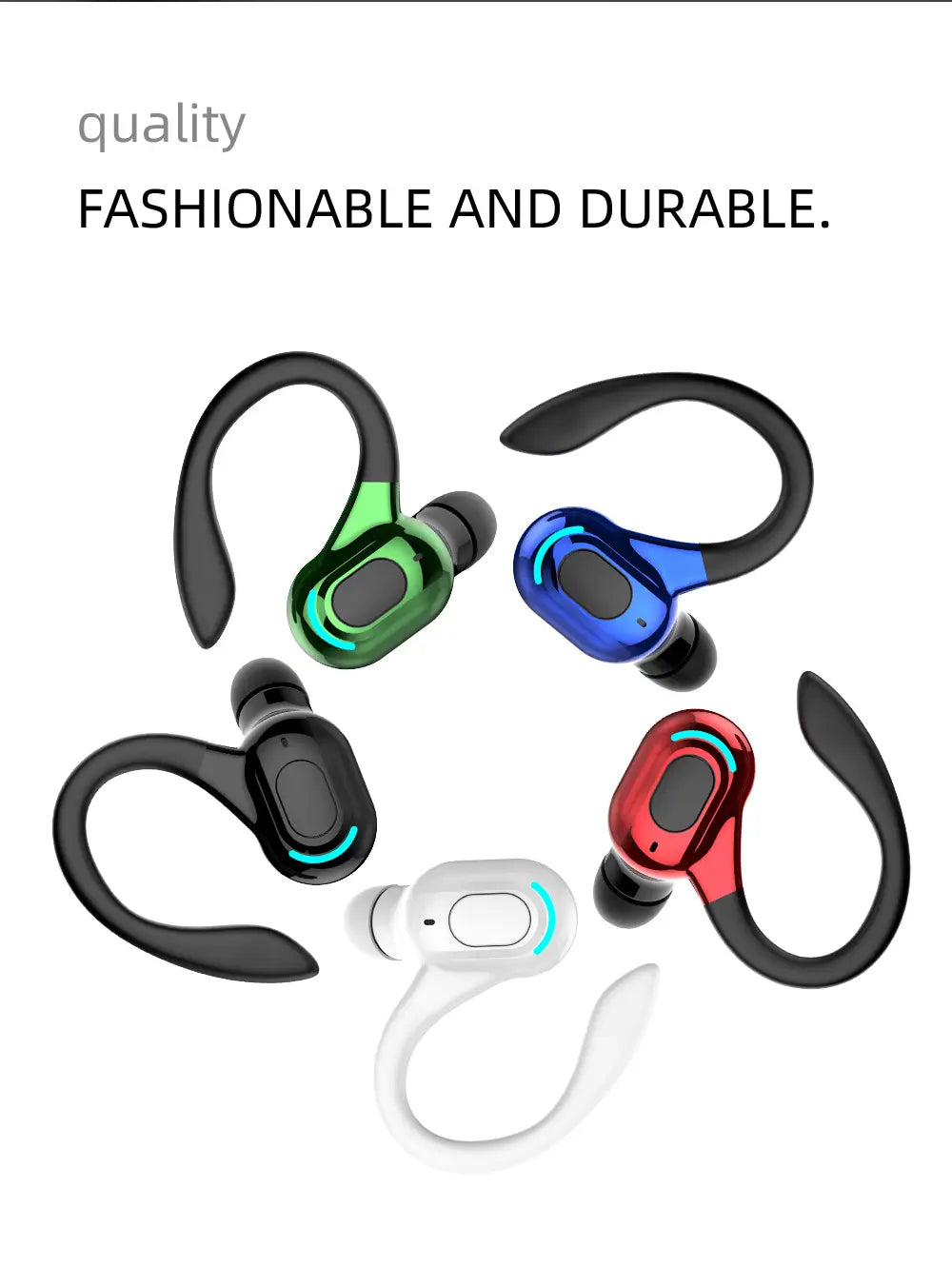 Wireless ear hook sport earbuds with bluetooth 5.2 in green blue black red and white featuring a hook-style stem design for secure fit during sports activities.